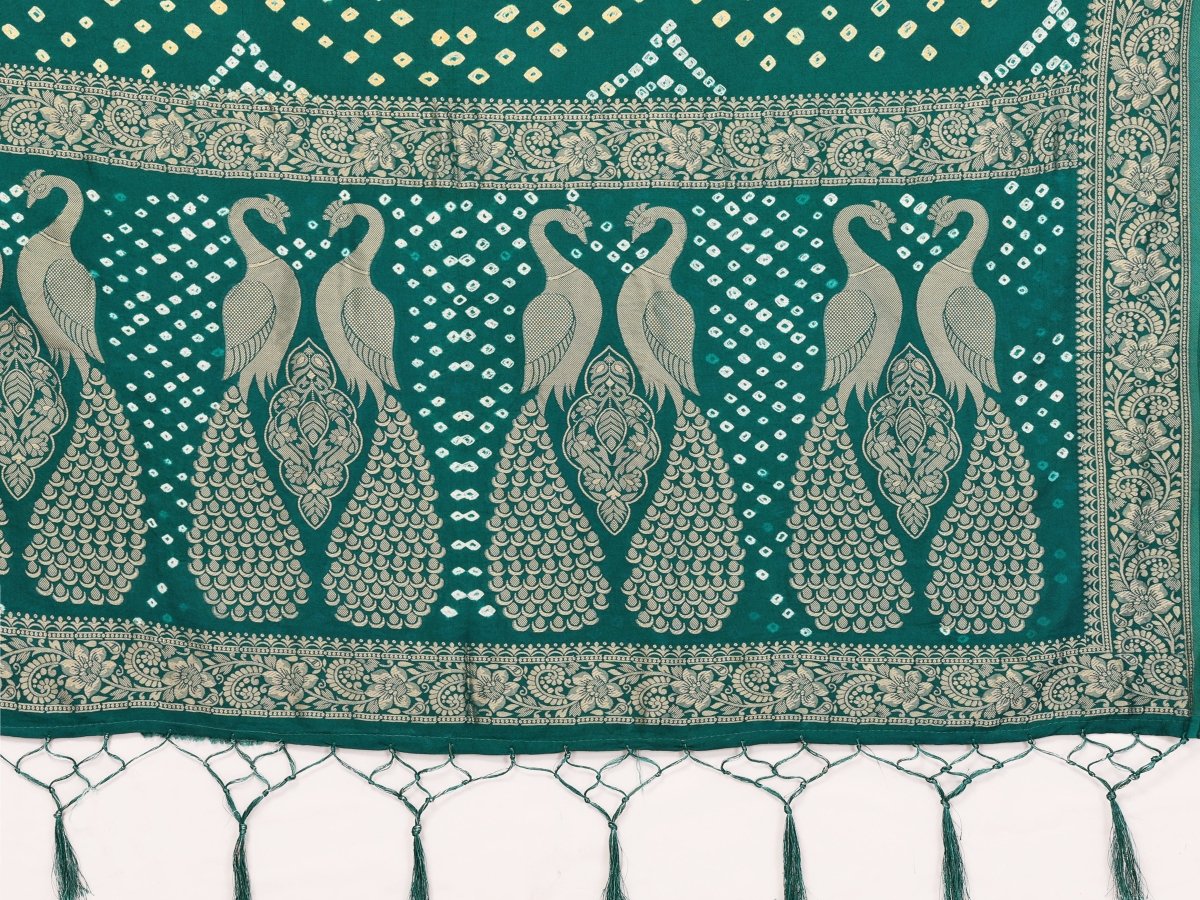 Elegant Rama Green Bandhani Saree with Zari Peacock Weaving - CLOHI
