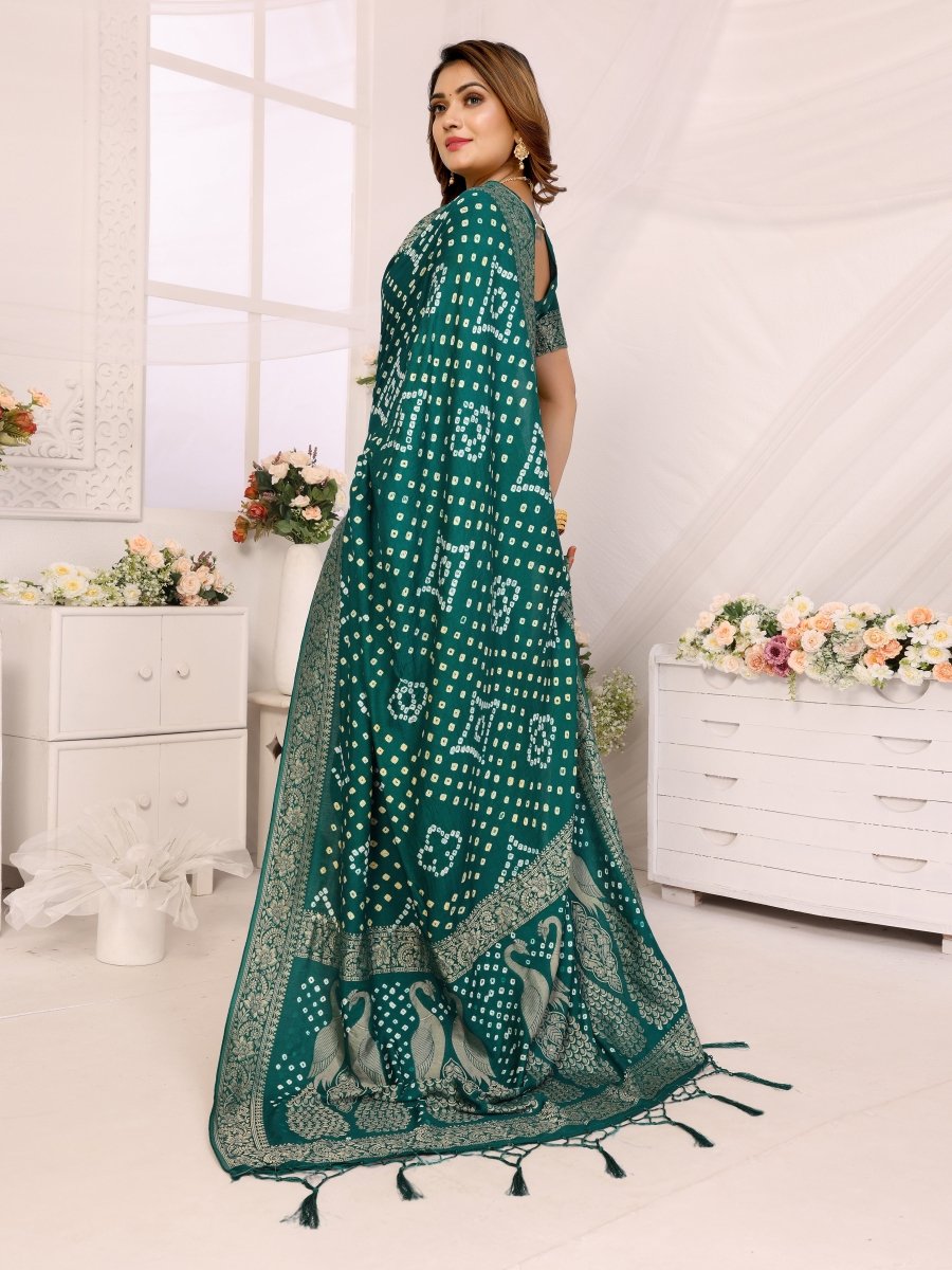 Elegant Rama Green Bandhani Saree with Zari Peacock Weaving - CLOHI