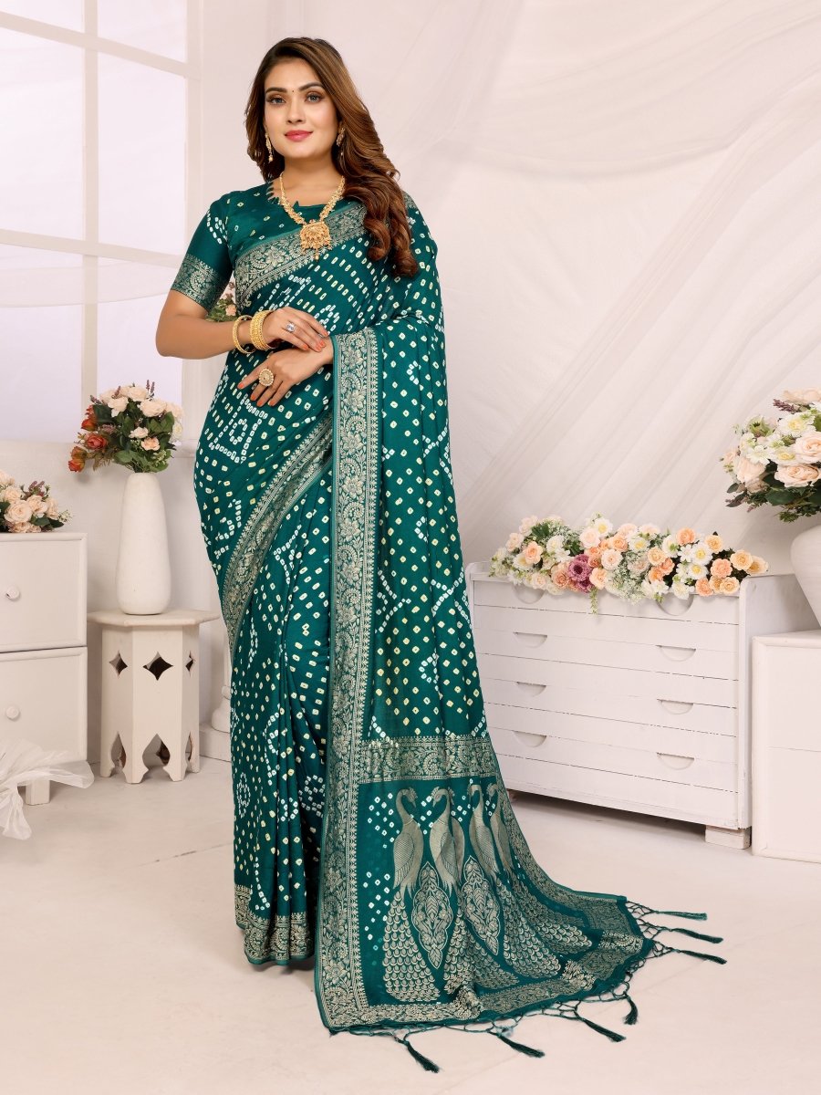 Elegant Rama Green Bandhani Saree with Zari Peacock Weaving - CLOHI