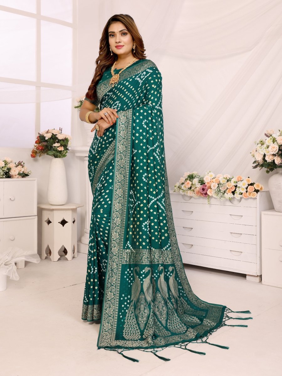 Elegant Rama Green Bandhani Saree with Zari Peacock Weaving - CLOHI