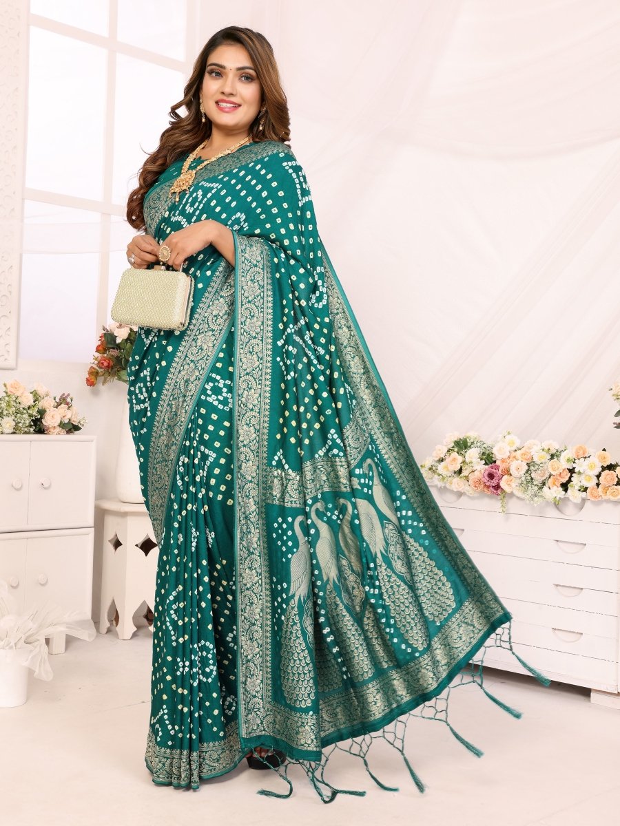 Elegant Rama Green Bandhani Saree with Zari Peacock Weaving - CLOHI