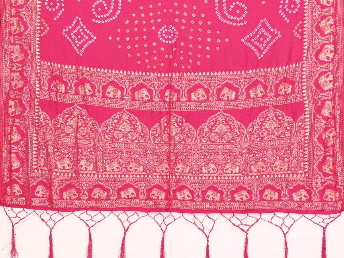 Elegant Rani Pink Bandhani Saree with Zari Elephant and Mughal Jaal - CLOHI