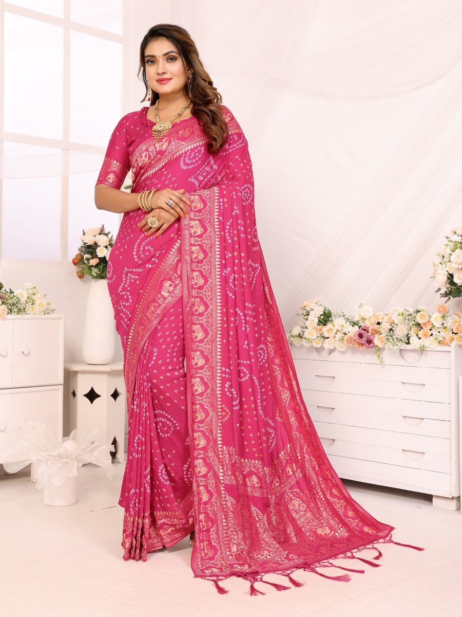 Elegant Rani Pink Bandhani Saree with Zari Elephant and Mughal Jaal - CLOHI