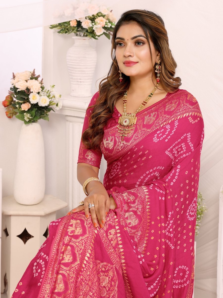 Elegant Rani Pink Bandhani Saree with Zari Elephant and Mughal Jaal - CLOHI