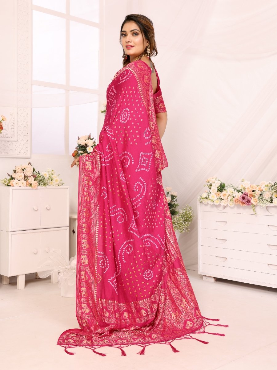 Elegant Rani Pink Bandhani Saree with Zari Elephant and Mughal Jaal - CLOHI