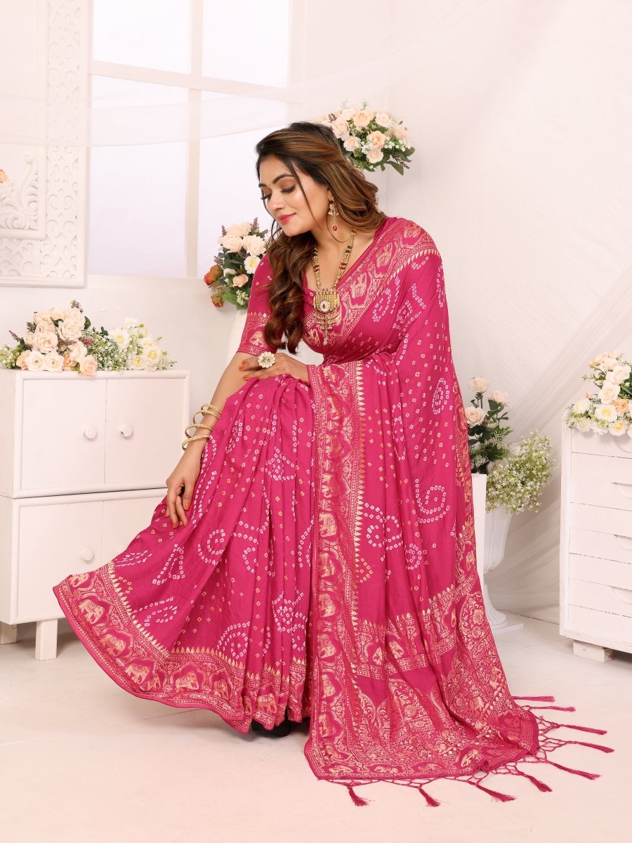 Elegant Rani Pink Bandhani Saree with Zari Elephant and Mughal Jaal - CLOHI