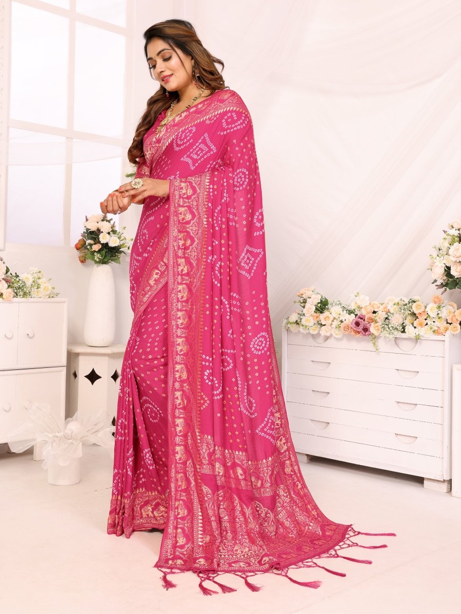 Elegant Rani Pink Bandhani Saree with Zari Elephant and Mughal Jaal - CLOHI