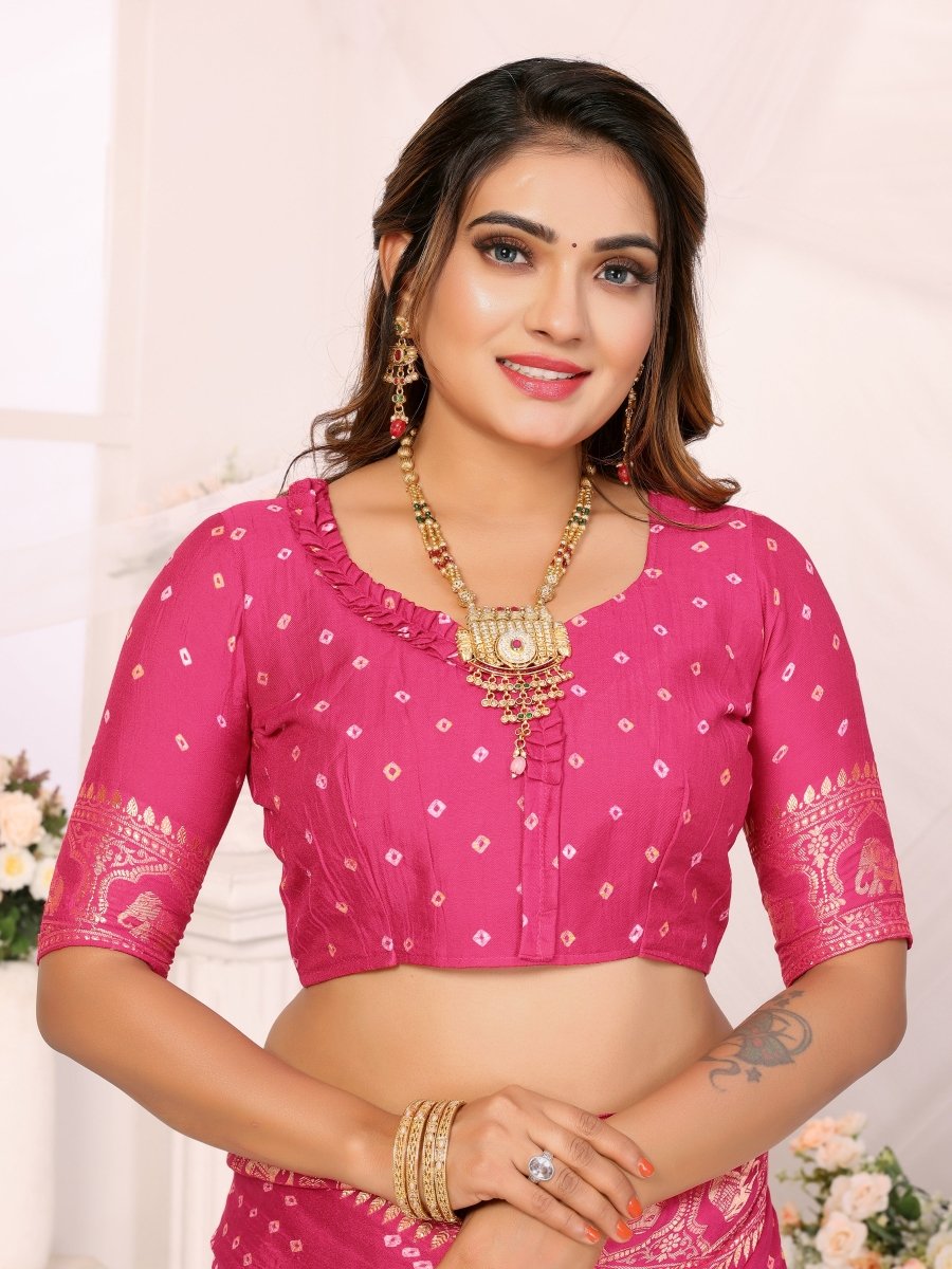 Elegant Rani Pink Bandhani Saree with Zari Elephant and Mughal Jaal - CLOHI