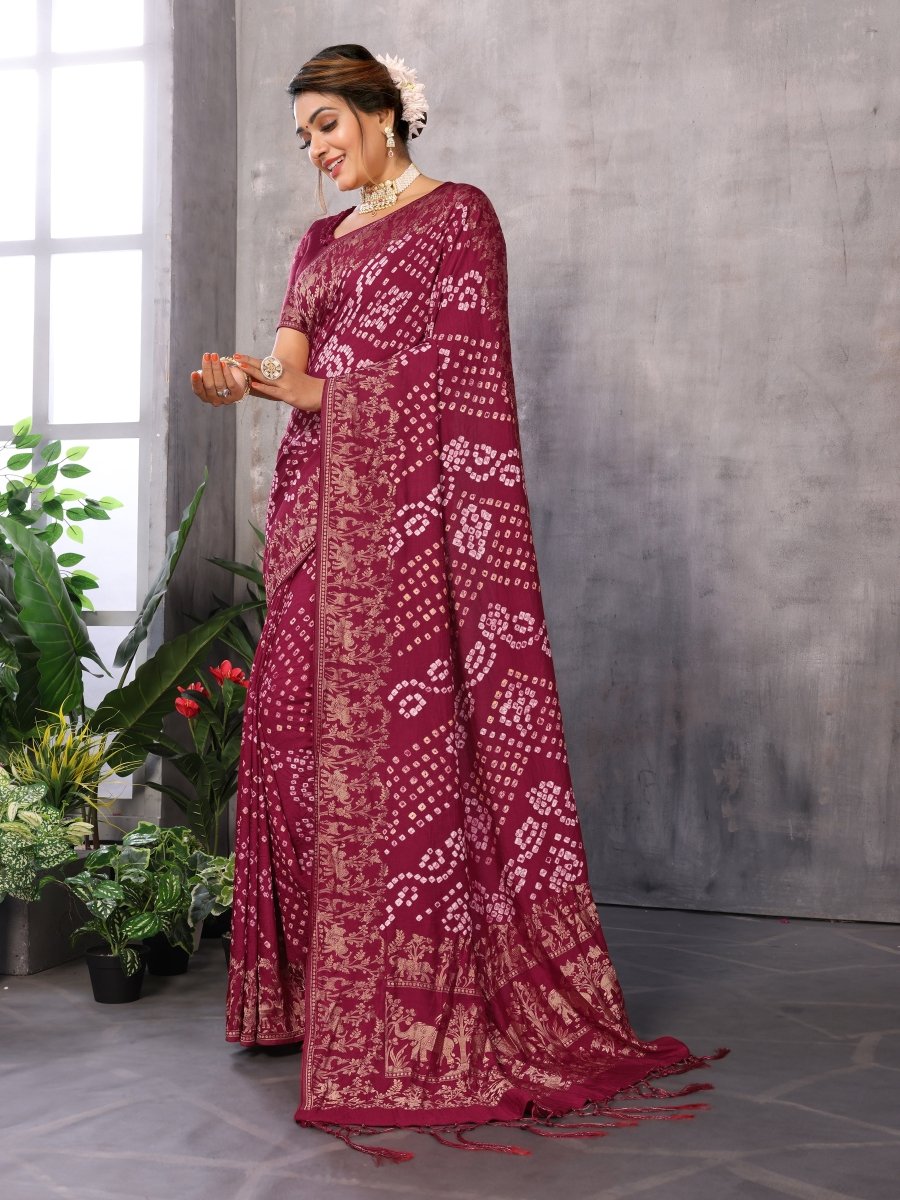 Elegant Red Bandhani Saree with Elephant & Floral Zari Motifs - CLOHI