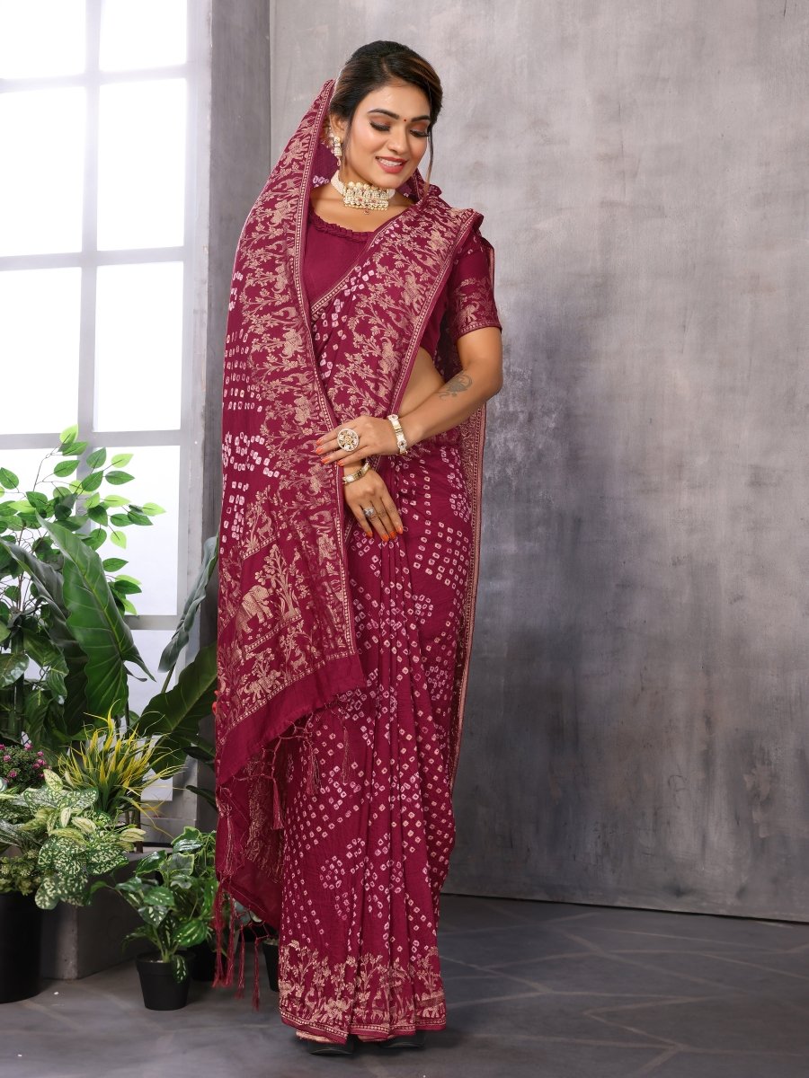 Elegant Red Bandhani Saree with Elephant & Floral Zari Motifs - CLOHI