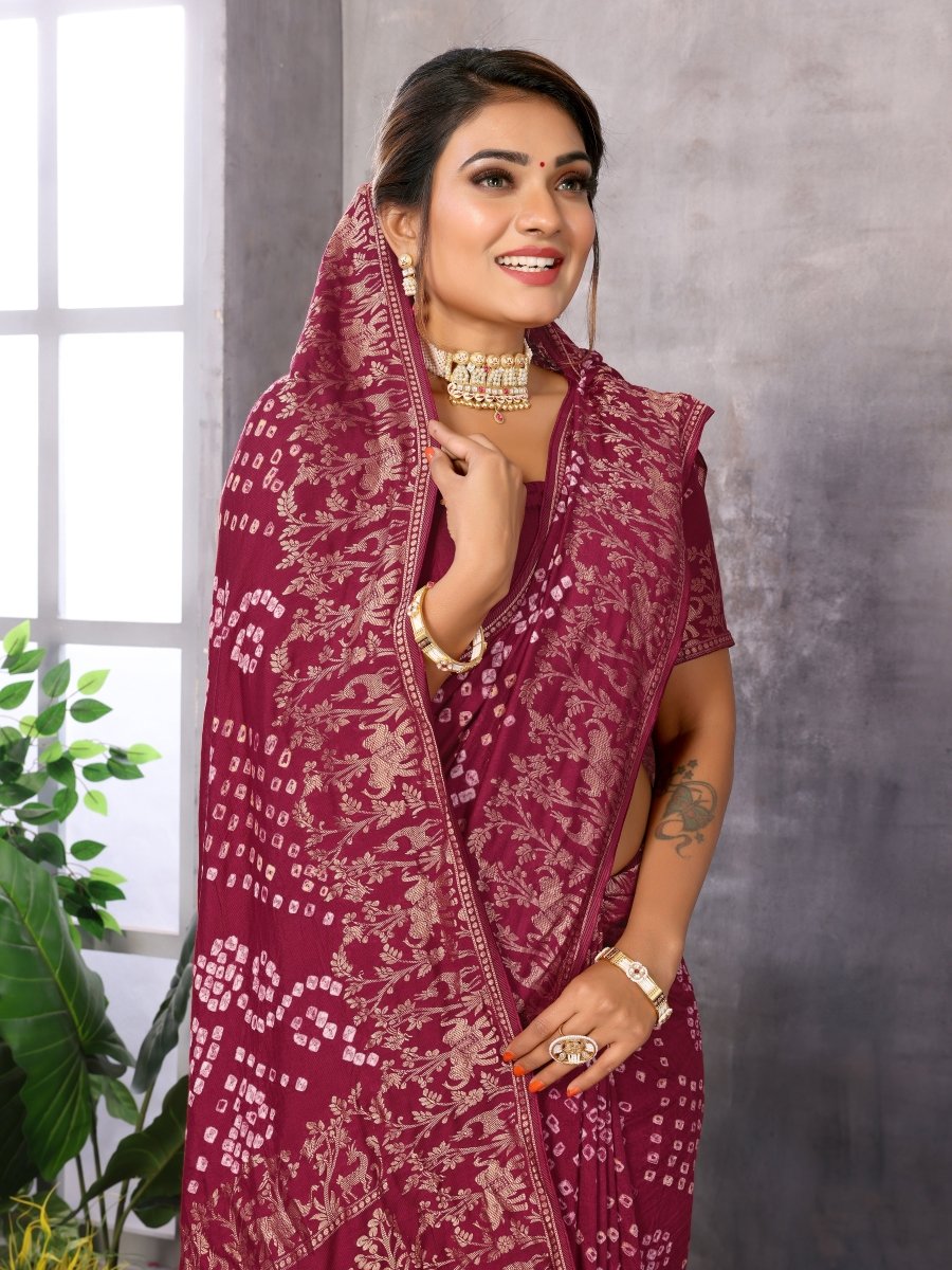 Elegant Red Bandhani Saree with Elephant & Floral Zari Motifs - CLOHI