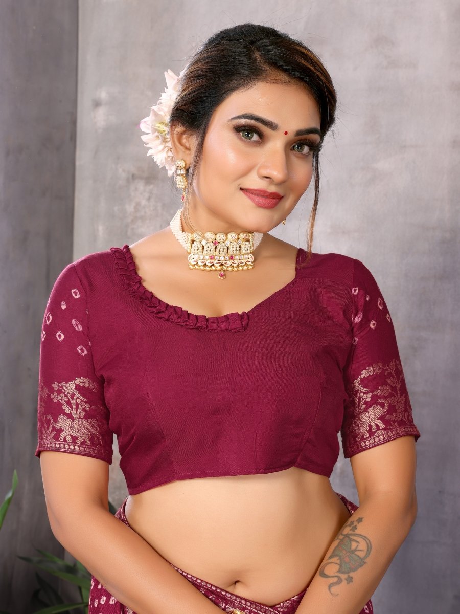 Elegant Red Bandhani Saree with Elephant & Floral Zari Motifs - CLOHI