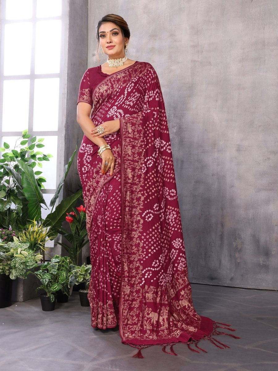 Elegant Red Bandhani Saree with Elephant & Floral Zari Motifs - CLOHI