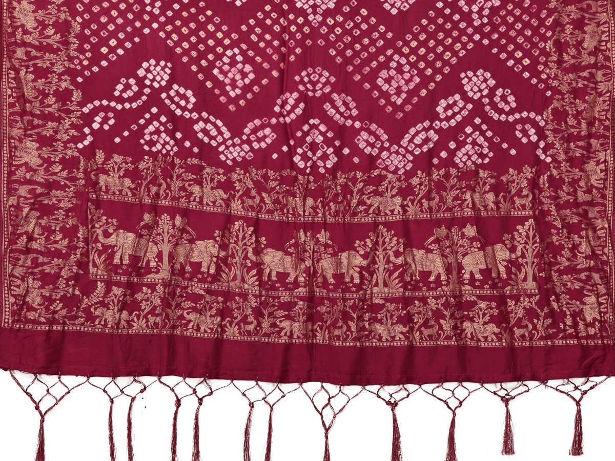 Elegant Red Bandhani Saree with Elephant & Floral Zari Motifs - CLOHI
