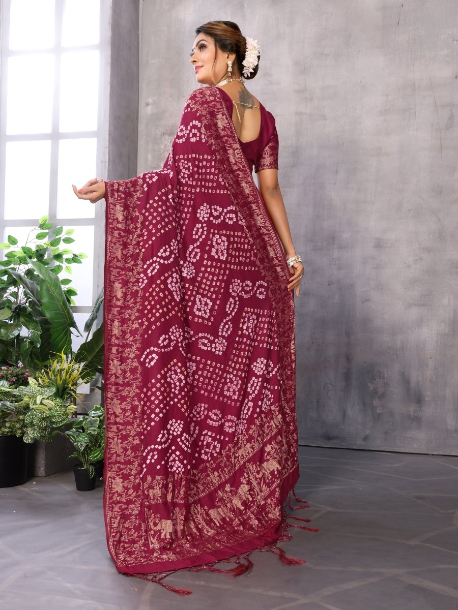 Elegant Red Bandhani Saree with Elephant & Floral Zari Motifs - CLOHI