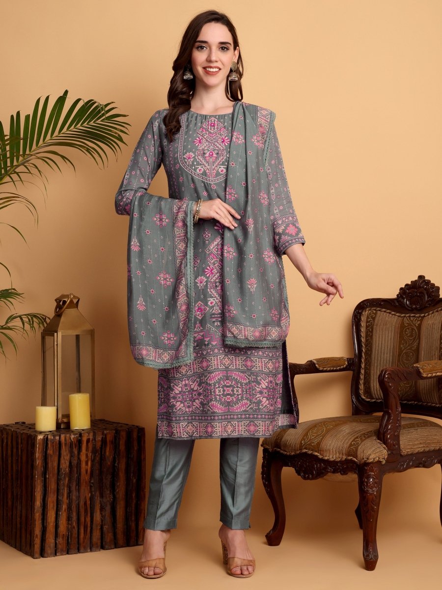Elegant Slate Green Hand - Embroidered Kurta Set - CLOHI