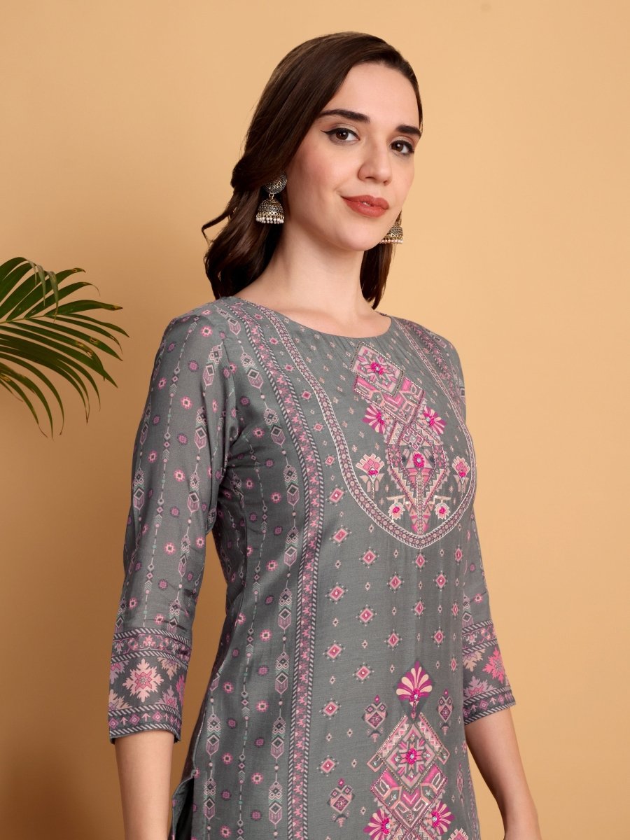 Elegant Slate Green Hand - Embroidered Kurta Set - CLOHI