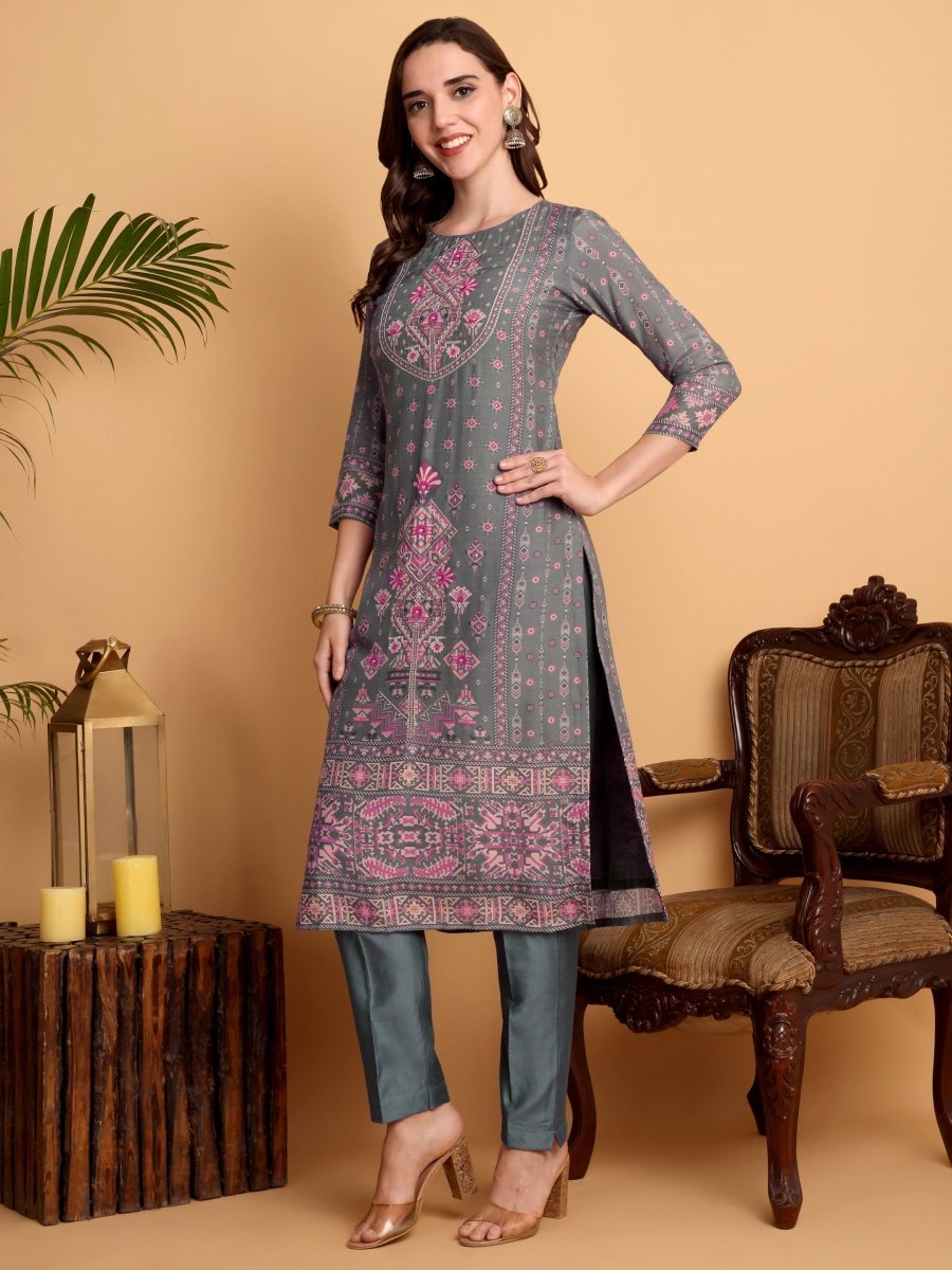 Elegant Slate Green Hand - Embroidered Kurta Set - CLOHI