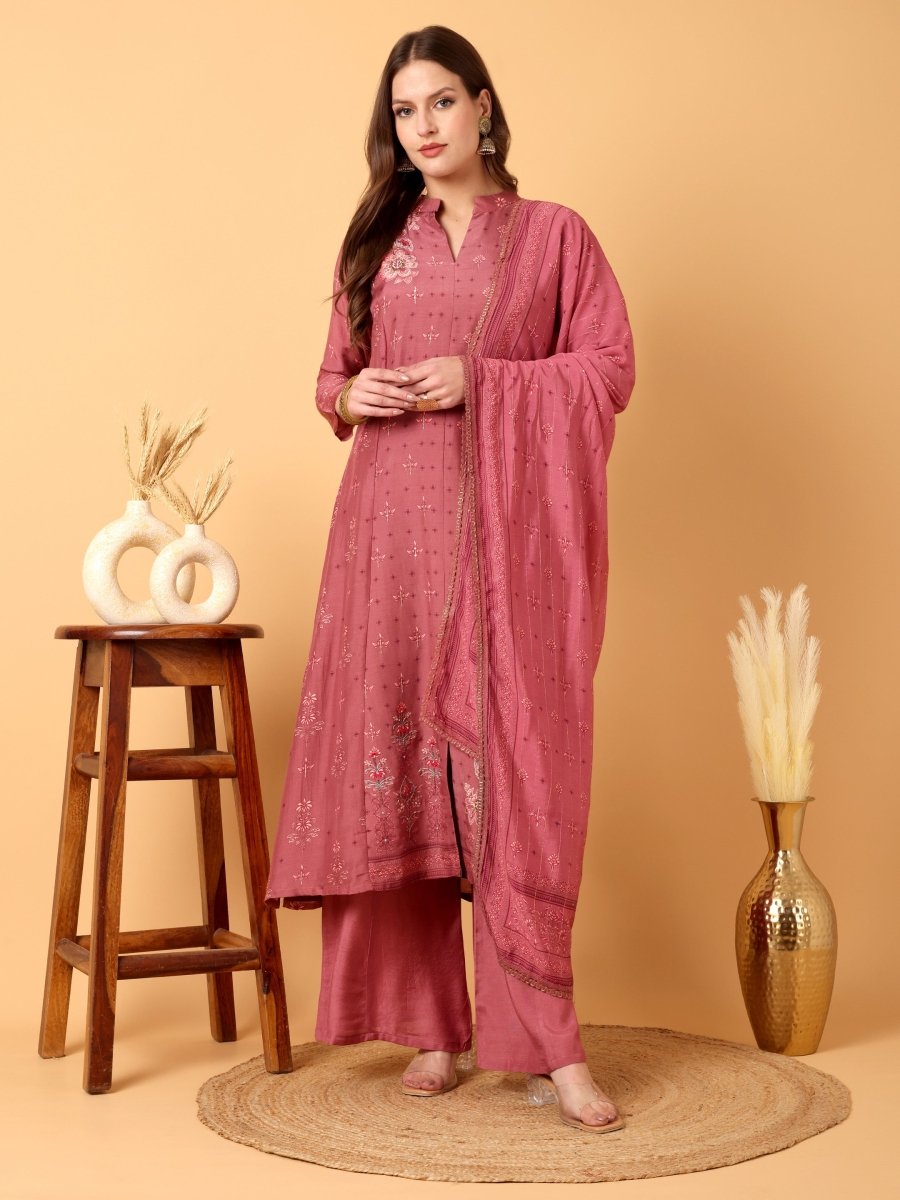 Elegant Tulip Pink Floral Embroidered A - Line Kurta Set with Palazzo & Dupatta - CLOHI