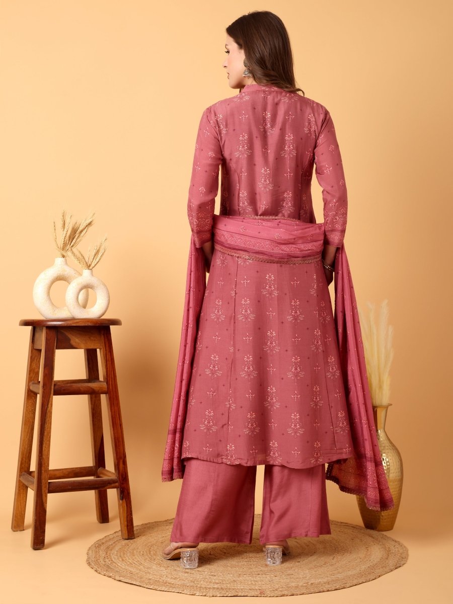Elegant Tulip Pink Floral Embroidered A - Line Kurta Set with Palazzo & Dupatta - CLOHI