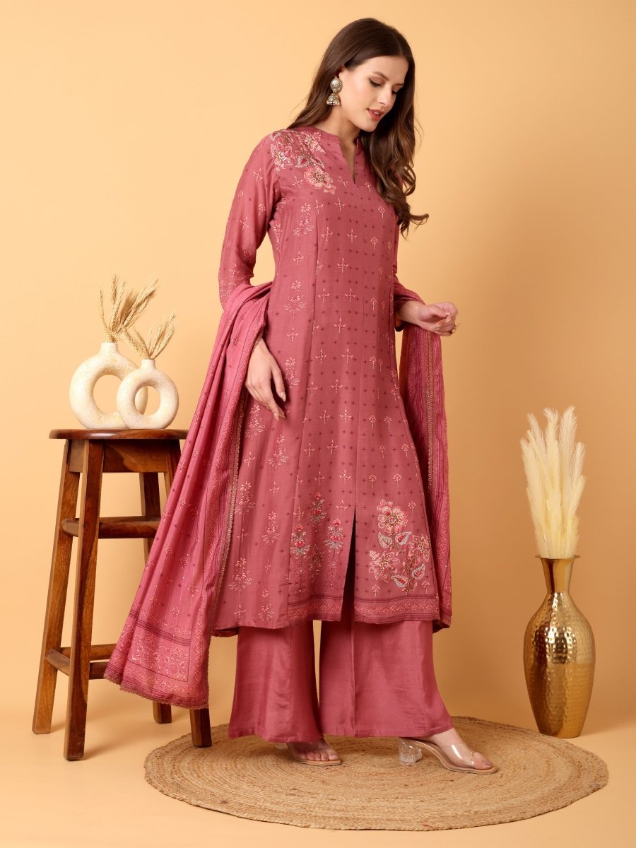 Elegant Tulip Pink Floral Embroidered A - Line Kurta Set with Palazzo & Dupatta - CLOHI