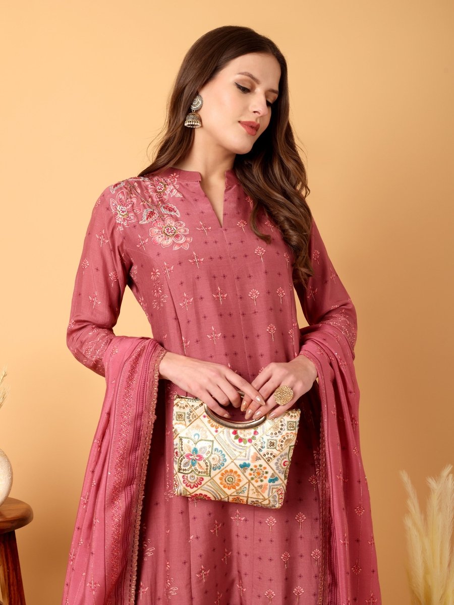 Elegant Tulip Pink Floral Embroidered A - Line Kurta Set with Palazzo & Dupatta - CLOHI