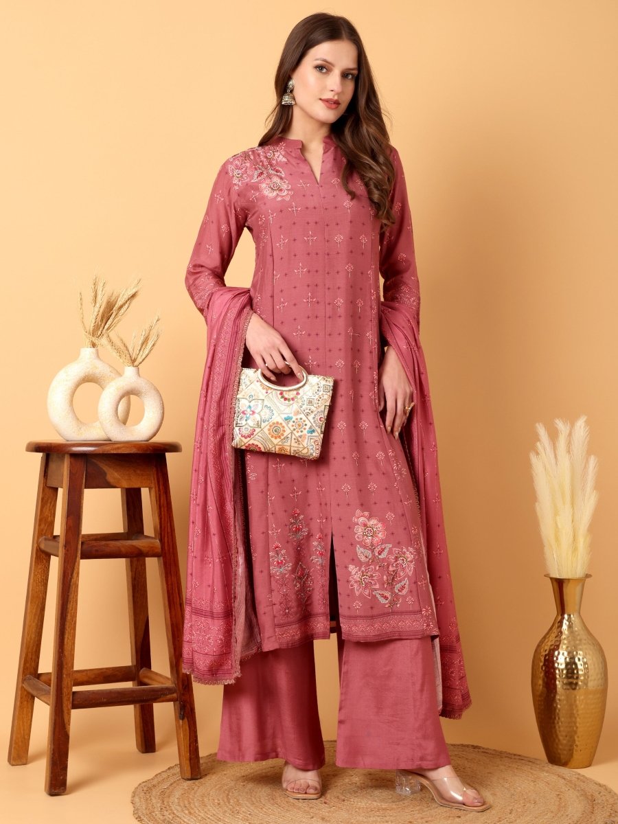 Elegant Tulip Pink Floral Embroidered A - Line Kurta Set with Palazzo & Dupatta - CLOHI