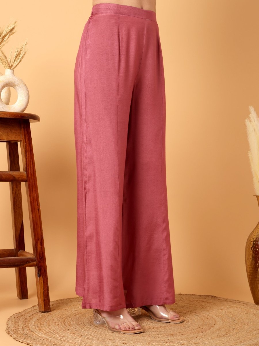 Elegant Tulip Pink Floral Embroidered A - Line Kurta Set with Palazzo & Dupatta - CLOHI