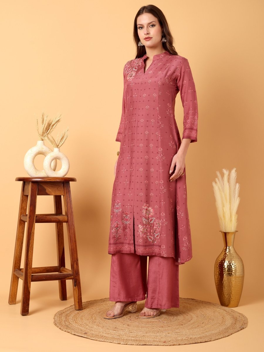 Elegant Tulip Pink Floral Embroidered A - Line Kurta Set with Palazzo & Dupatta - CLOHI