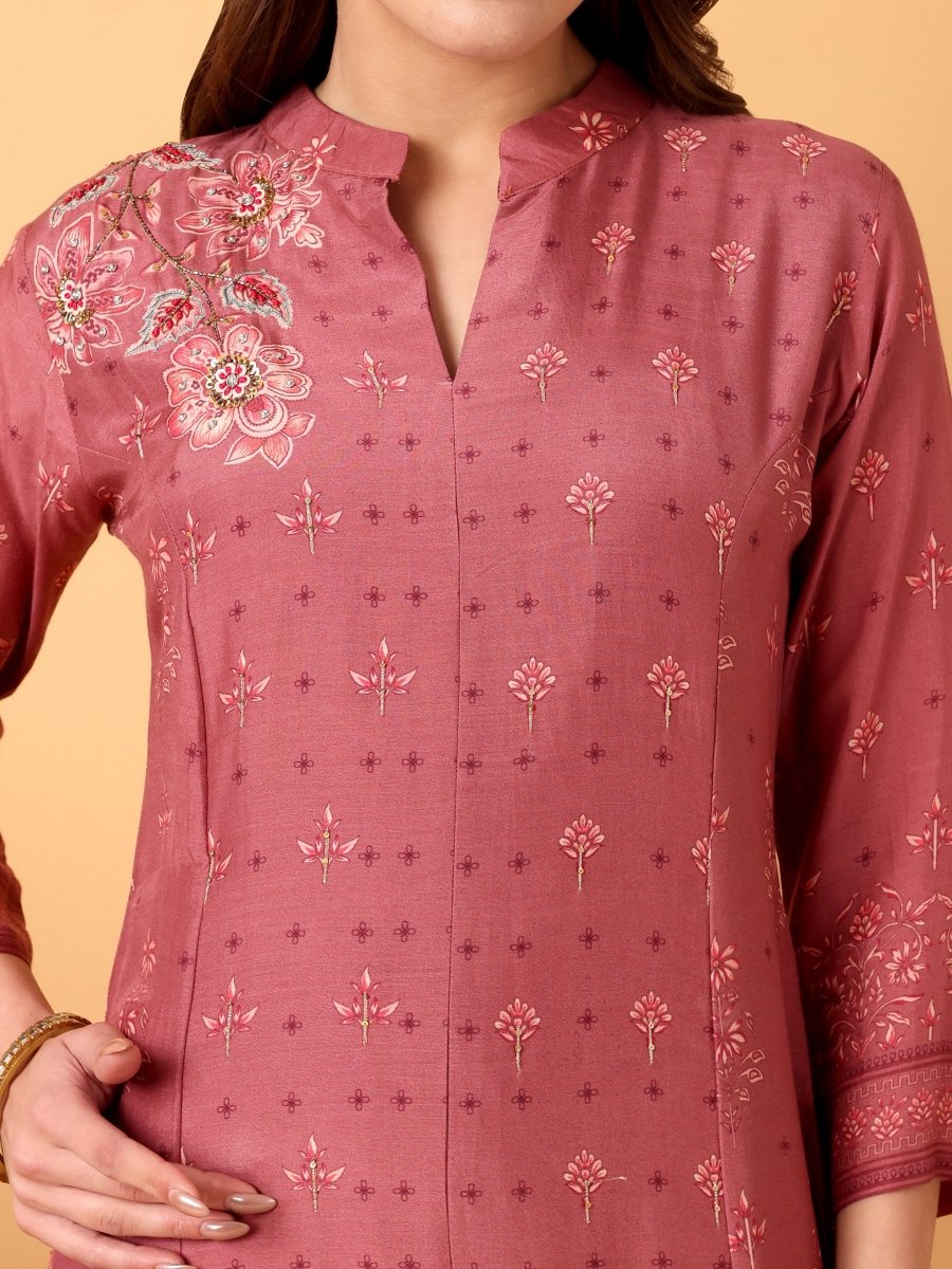 Elegant Tulip Pink Floral Embroidered A - Line Kurta Set with Palazzo & Dupatta - CLOHI