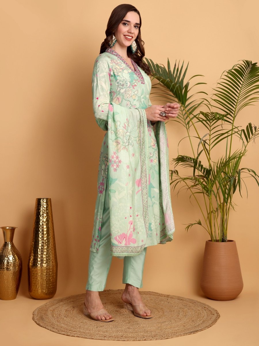 Elegant V - Neck Hand Embroidered Pista Green Floral Kurta Set for Women - CLOHI