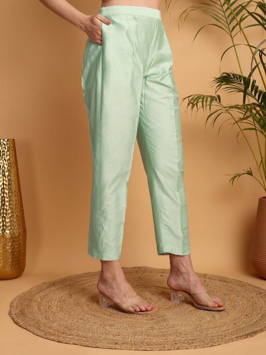 Elegant V - Neck Hand Embroidered Pista Green Floral Kurta Set for Women - CLOHI