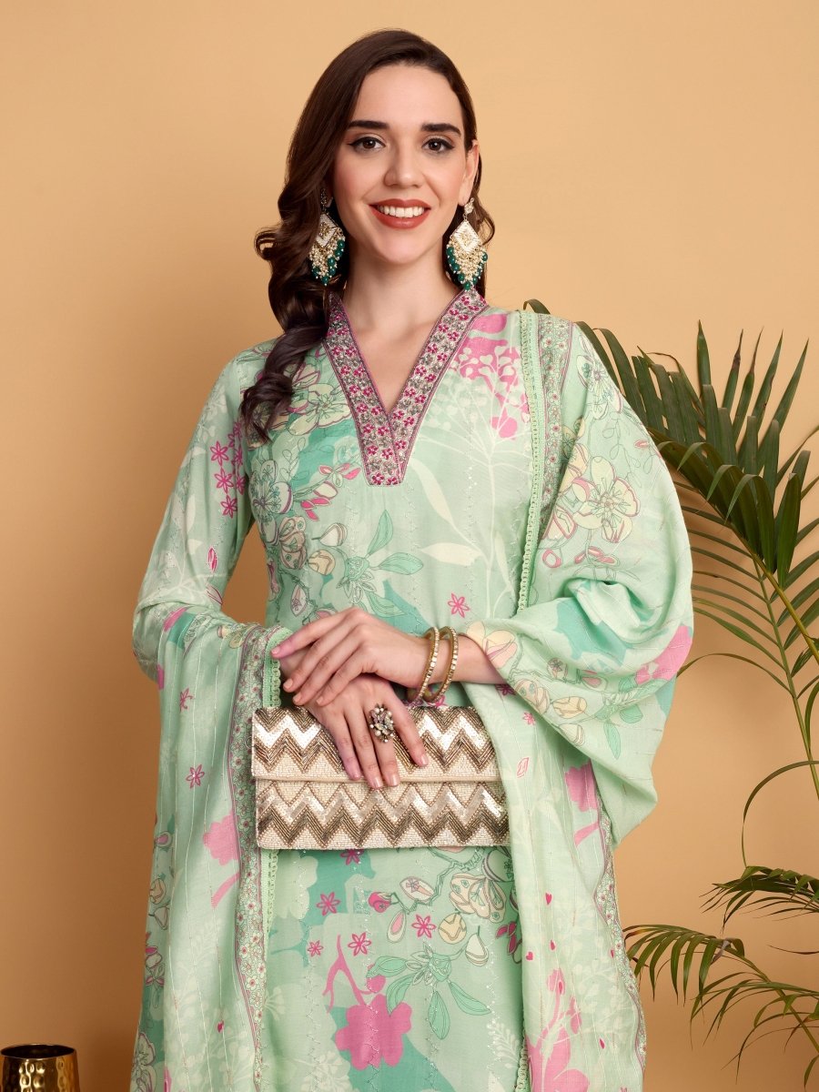 Elegant V - Neck Hand Embroidered Pista Green Floral Kurta Set for Women - CLOHI