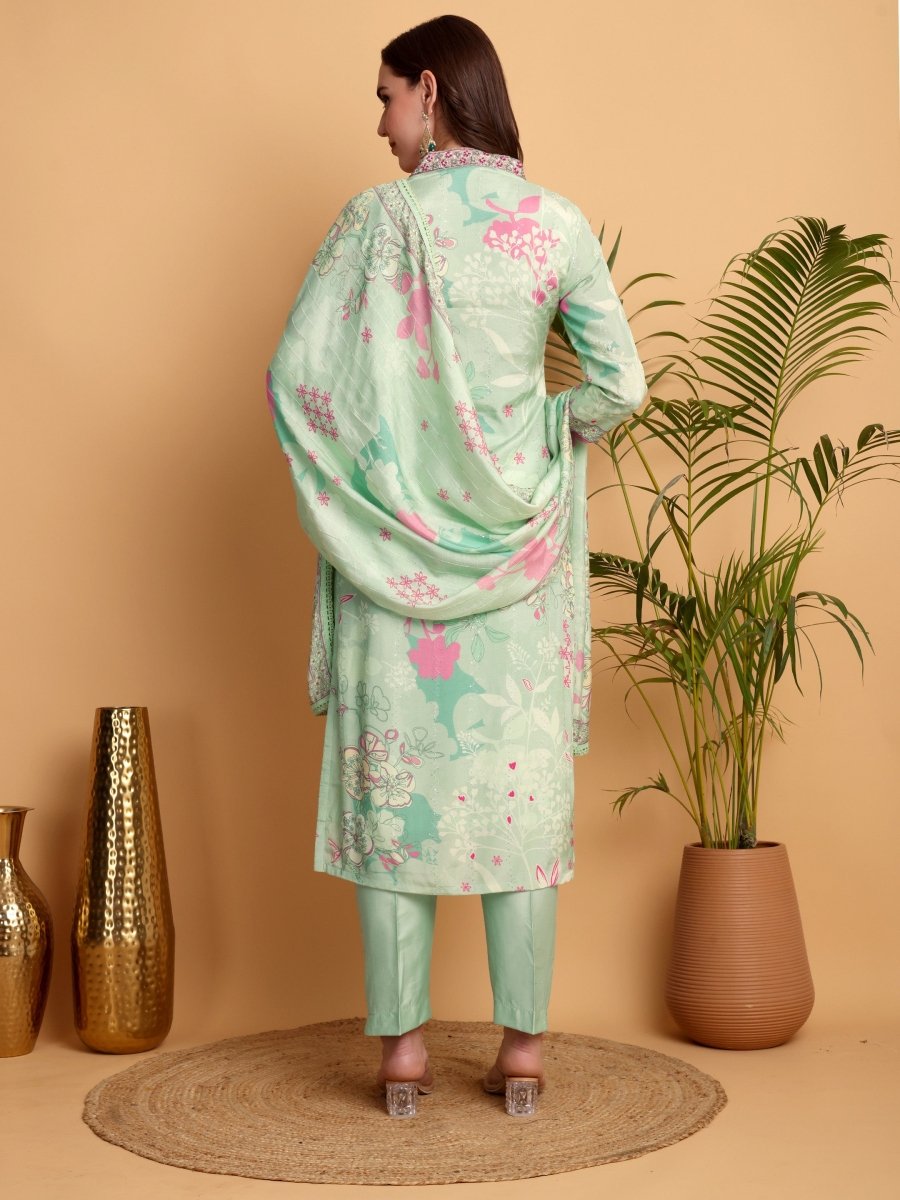 Elegant V - Neck Hand Embroidered Pista Green Floral Kurta Set for Women - CLOHI