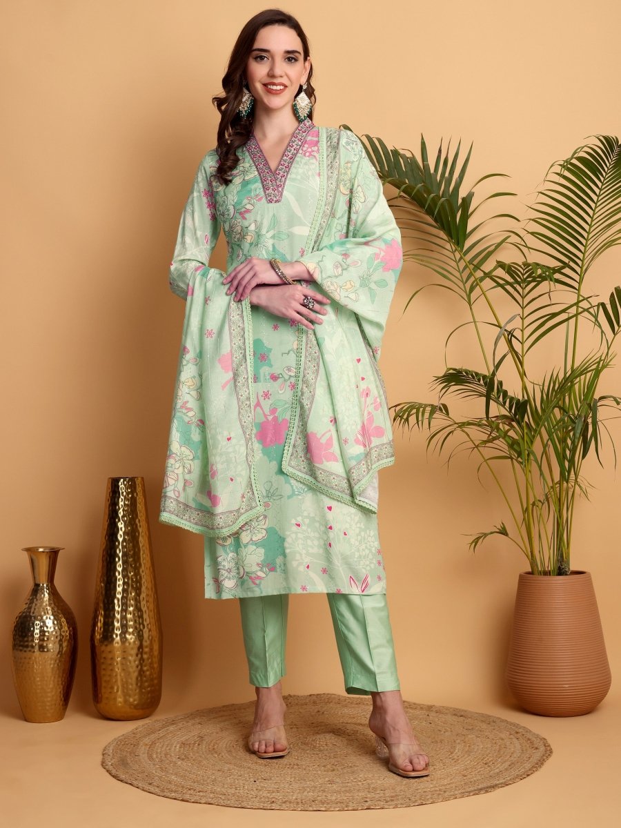 Elegant V - Neck Hand Embroidered Pista Green Floral Kurta Set for Women - CLOHI