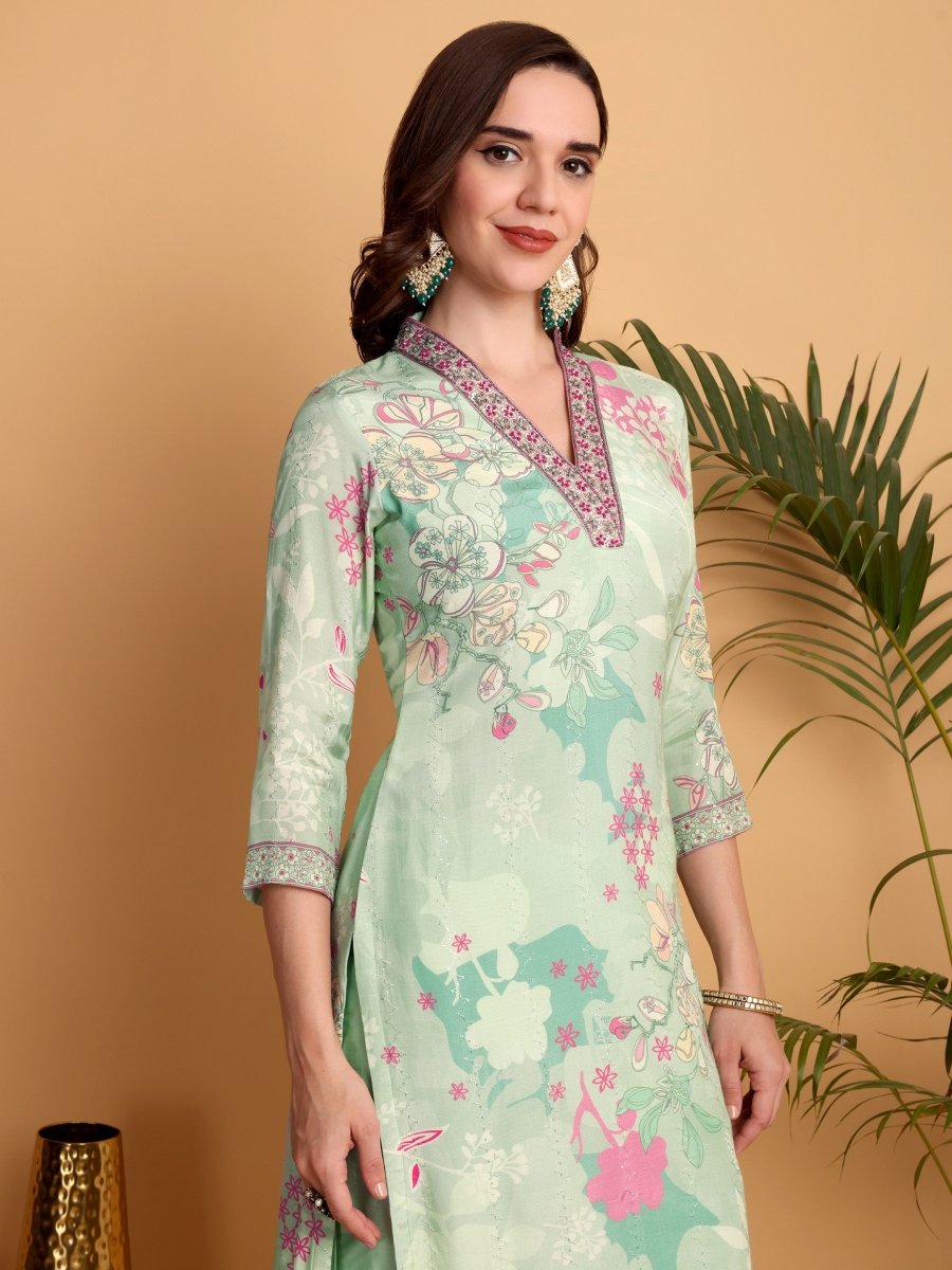 Elegant V - Neck Hand Embroidered Pista Green Floral Kurta Set for Women - CLOHI
