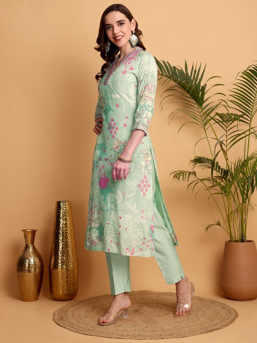 Elegant V - Neck Hand Embroidered Pista Green Floral Kurta Set for Women - CLOHI