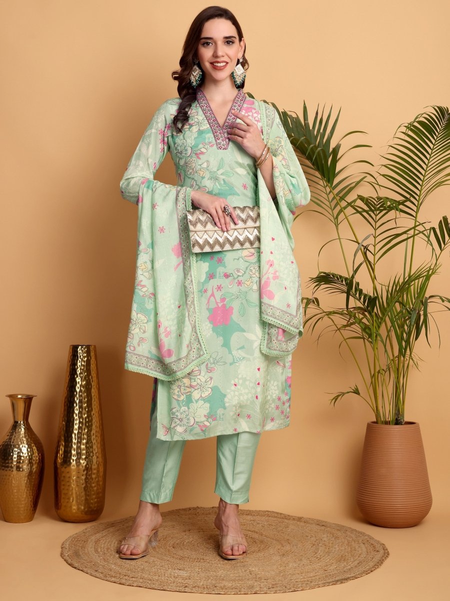 Elegant V - Neck Hand Embroidered Pista Green Floral Kurta Set for Women - CLOHI