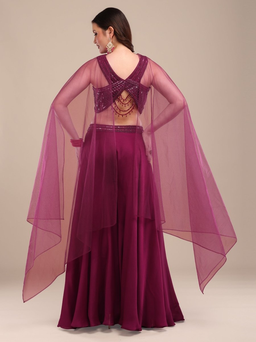 Elegant Wine Embellished Crop Top with Palazzo & Net Dupatta Set - CLOHI