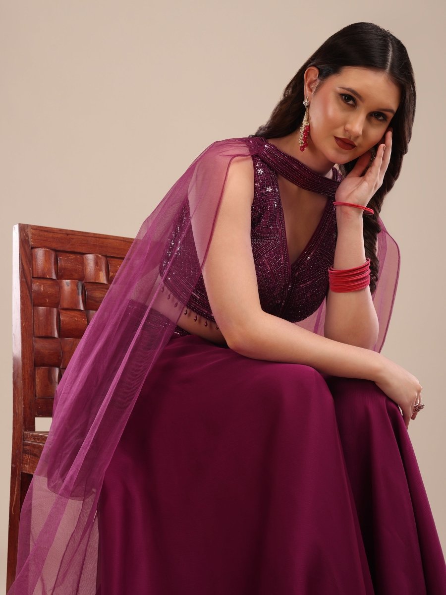 Elegant Wine Embellished Crop Top with Palazzo & Net Dupatta Set - CLOHI