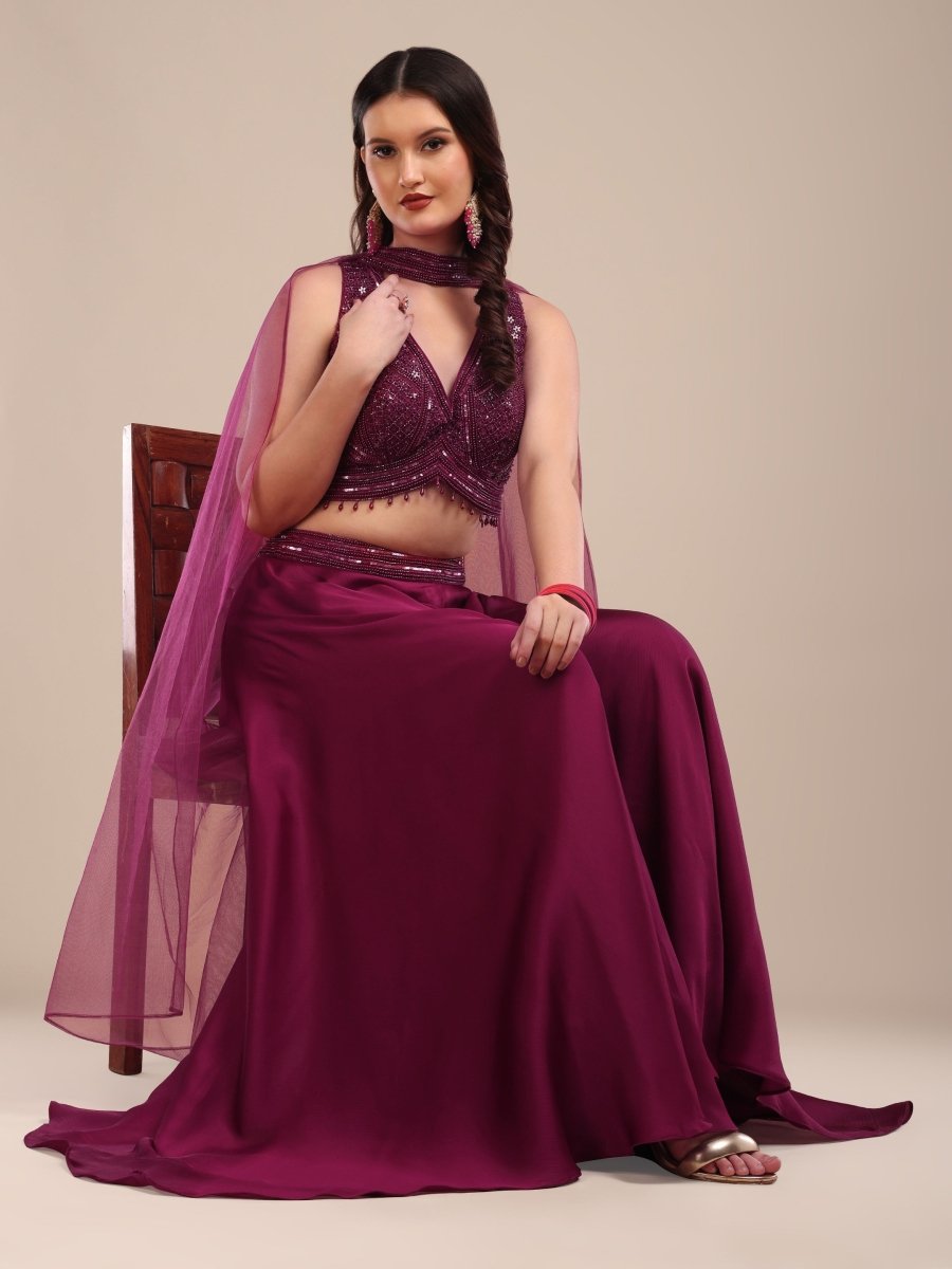 Elegant Wine Embellished Crop Top with Palazzo & Net Dupatta Set - CLOHI