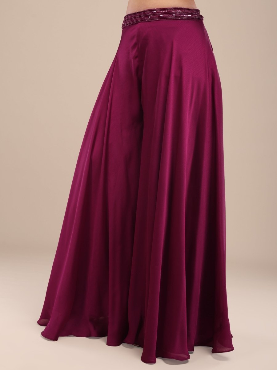 Elegant Wine Embellished Crop Top with Palazzo & Net Dupatta Set - CLOHI