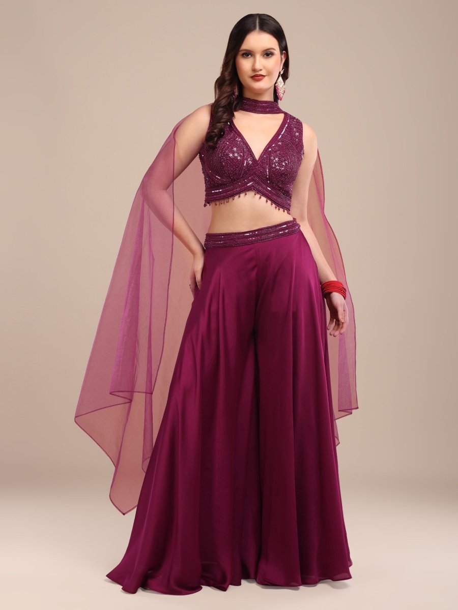 Elegant Wine Embellished Crop Top with Palazzo & Net Dupatta Set - CLOHI