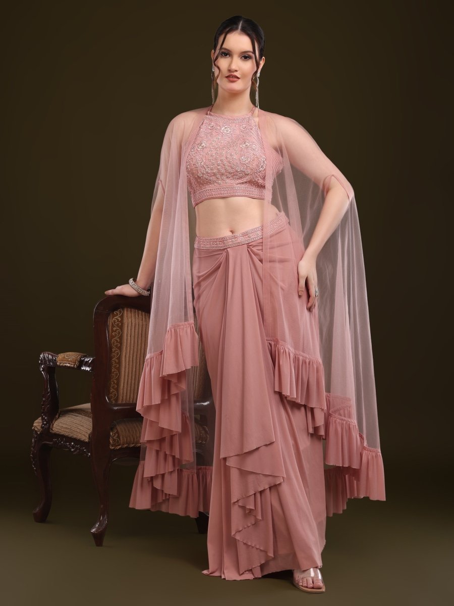 Embellished Purple Viscose Net Palazzo Set with Draped Cape Dupatta - CLOHI