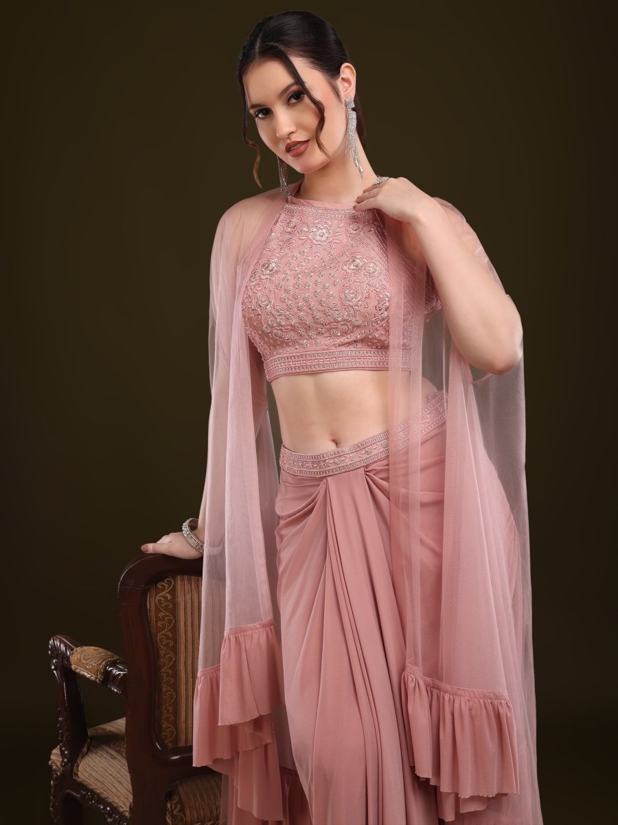 Embellished Purple Viscose Net Palazzo Set with Draped Cape Dupatta - CLOHI