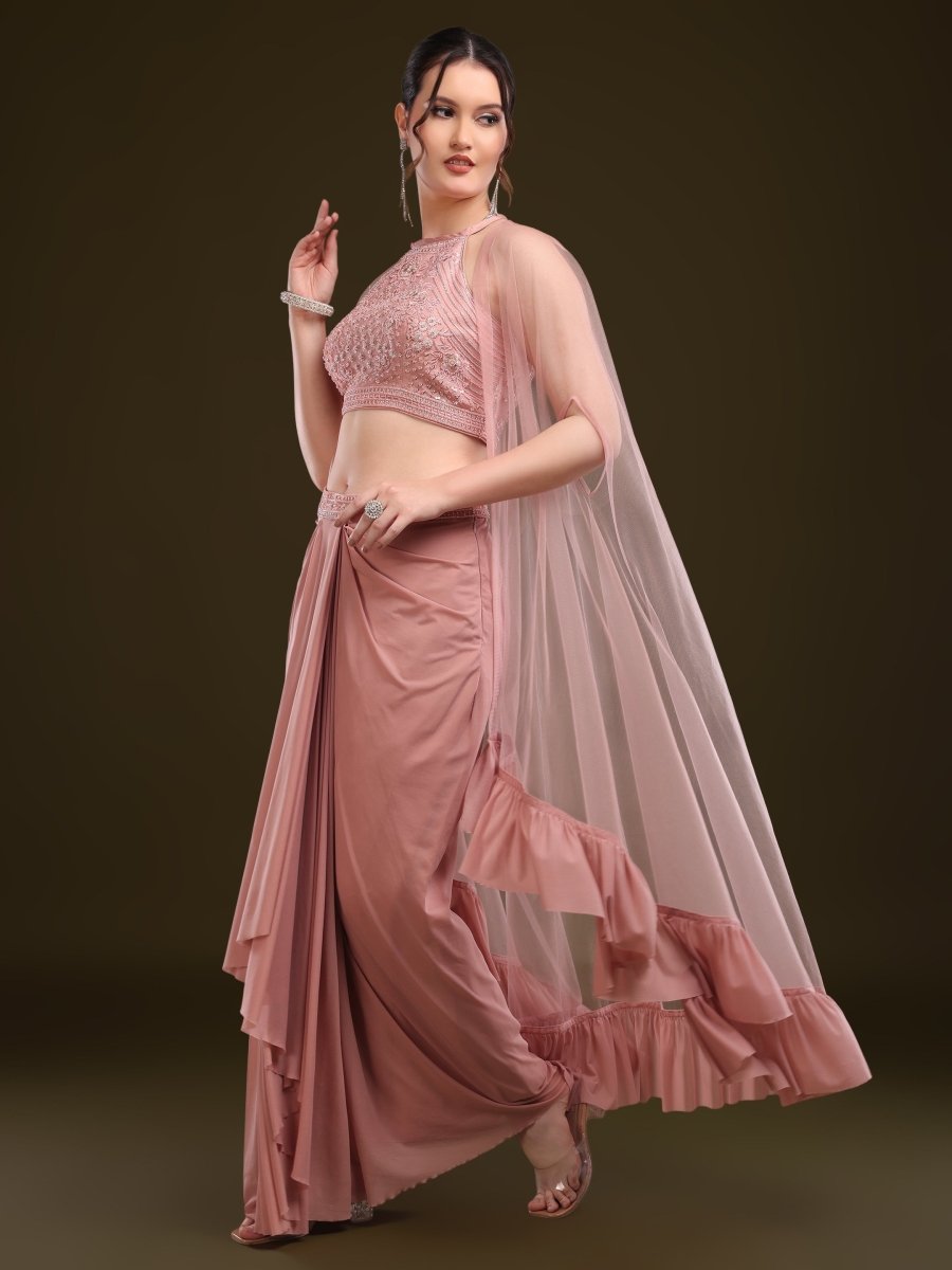 Embellished Purple Viscose Net Palazzo Set with Draped Cape Dupatta - CLOHI