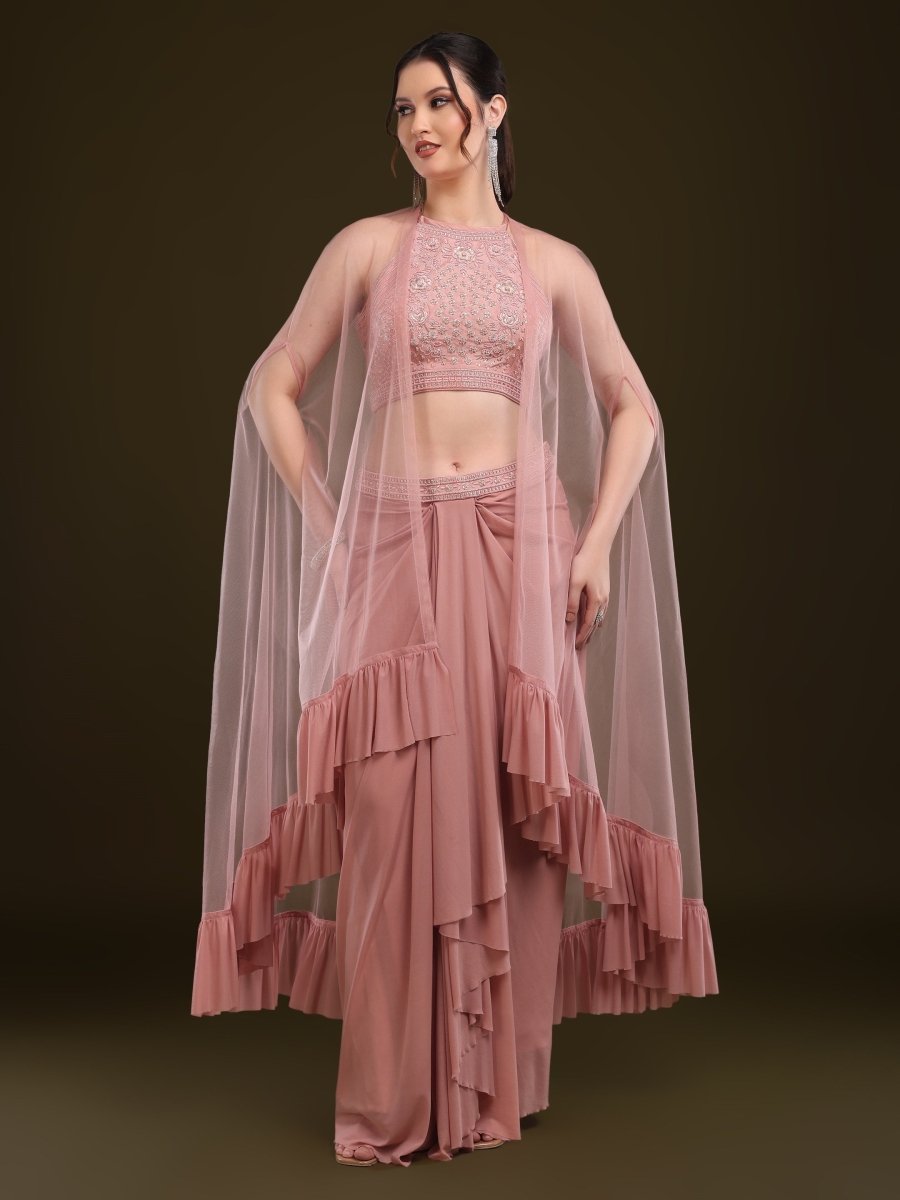 Embellished Purple Viscose Net Palazzo Set with Draped Cape Dupatta - CLOHI