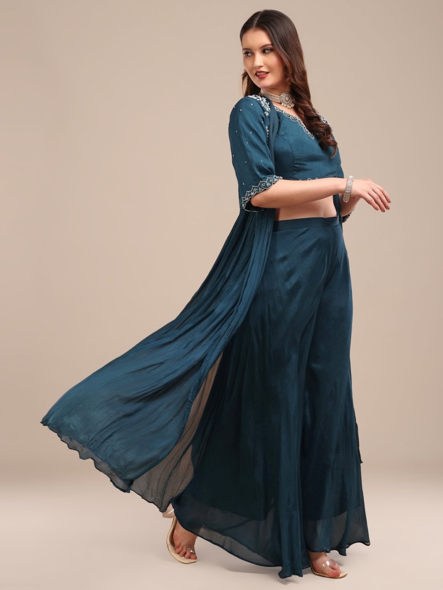 Embroidered Deep Teal Blue Viscose Chinon Shrug Palazzo Set - CLOHI
