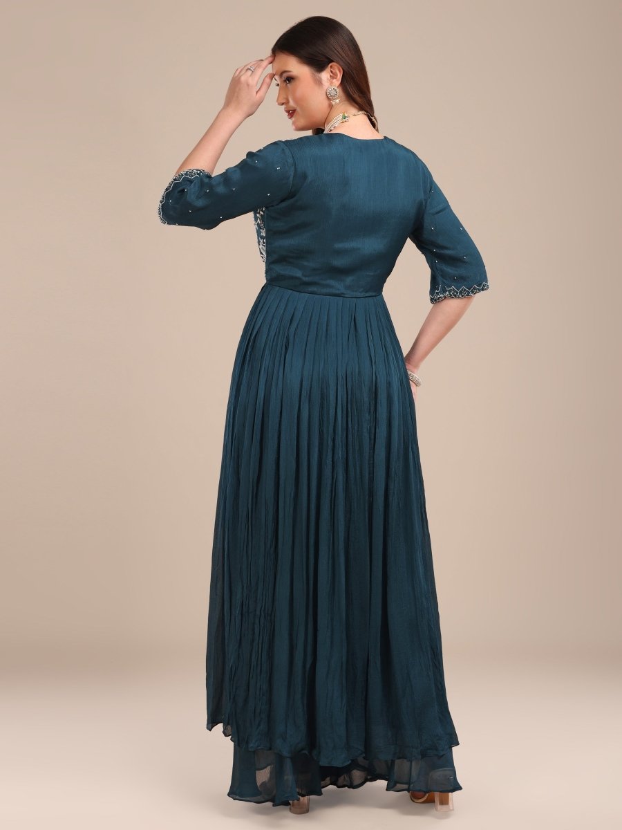 Embroidered Deep Teal Blue Viscose Chinon Shrug Palazzo Set - CLOHI