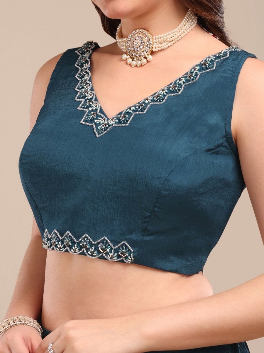 Embroidered Deep Teal Blue Viscose Chinon Shrug Palazzo Set - CLOHI